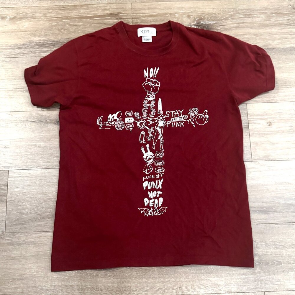 KIDILL Punk Cross Print T-Shirt -  Burgundy Cotton